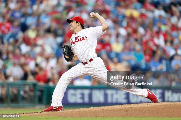 Starting pitcher John Lannan of the Philadelphia Phillies throws a pitch during the game against the San Francisco Giants at Citizens Bank Park on...