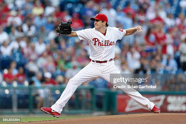 Starting pitcher John Lannan of the Philadelphia Phillies throws a pitch during the game against the San Francisco Giants at Citizens Bank Park on...