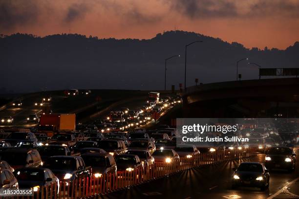 Traffic backs up at the San Francisco-Oakland Bay Bridge toll plaza as commuters make their way into San Francisco on the first day of the BART...