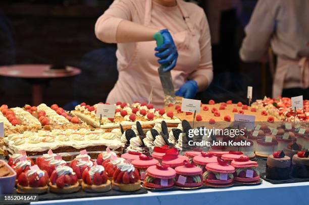 Luxury cakes are displayed for sale in Knightsbridge on December 11, 2023 in London, United Kingdom.