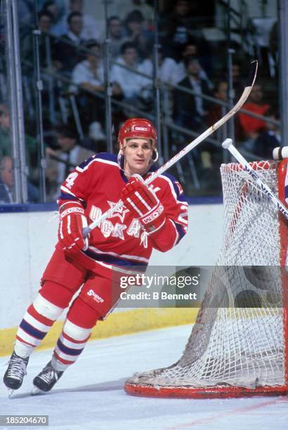 Sergei Makarov of CSKA Moscow skates on the ice during the game against the New York Islanders on December 29, 1988 at the Nassau Coliseum in...