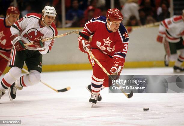 Sergei Starikov of CSKA Moscow skates with the puck during the 1988-89 Super Series against the New Jersey Devils on January 2, 1988 at the Brendan...
