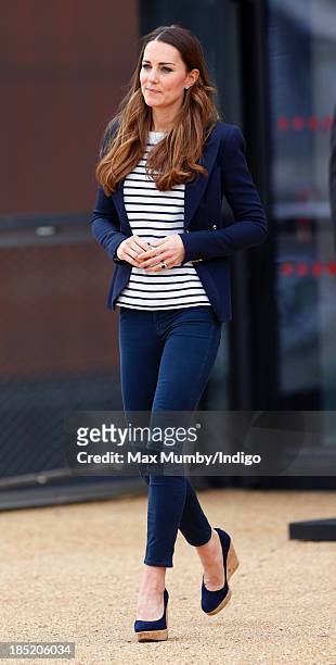 Catherine, Duchess of Cambridge leaves the Copper Box Arena in the Queen Elizabeth Olympic Park after attending a SportsAid Athlete Workshop on...