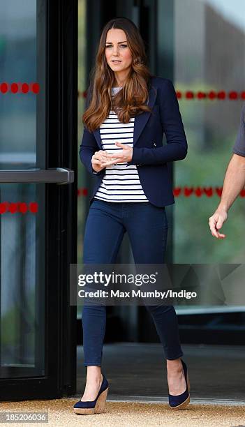 Catherine, Duchess of Cambridge leaves the Copper Box Arena in the Queen Elizabeth Olympic Park after attending a SportsAid Athlete Workshop on...