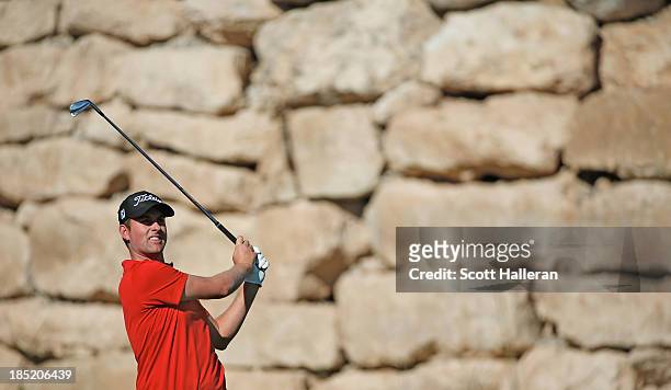 Webb Simpson watches his tee shot on the 17th hole during the second round of the Shriners Hospitals for Children Open at TPC Summerlin on October18,...