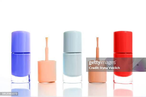 collection nail polish in trendy pastel rainbow colors on white background. concept peach color pastel beige orange peach fuzz color. nude colour of nail polish. - combinação cor de pele imagens e fotografias de stock