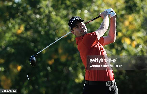 Webb Simpson hits his tee shot on the 16th hole during the second round of the Shriners Hospitals for Children Open at TPC Summerlin on October18,...