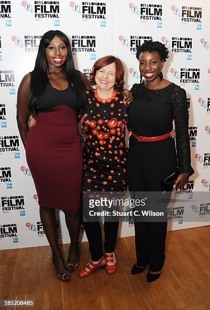 Destiny Ekaragha, Clare Stewart and Shanika Warren-Markland attend a screening of "Gone Too Far!" during the 57th BFI London Film Festival at Odeon...