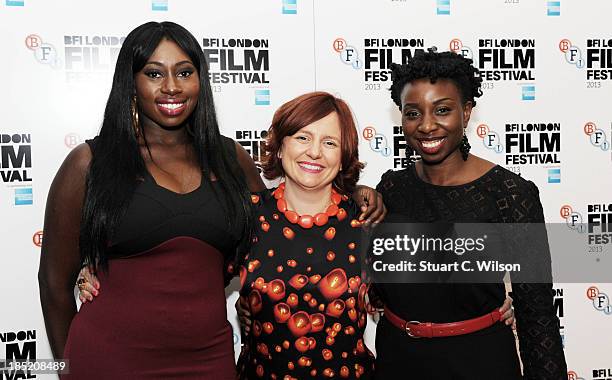 Destiny Ekaragha, Clare Stewart and Shanika Warren-Markland attend a screening of "Gone Too Far!" during the 57th BFI London Film Festival at Odeon...