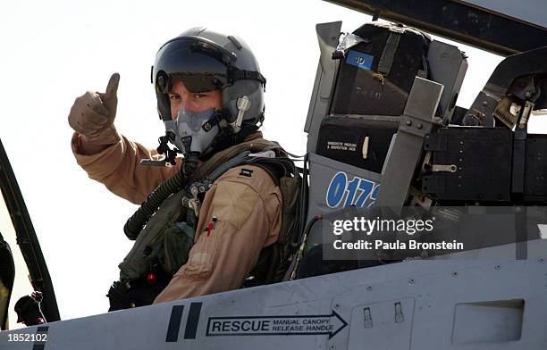 An A-10 Warthog pilot gives the thumbs-up to the crew chief before takeoff March 16, 2003 at an airbase in the Arabian Gulf near the Iraqi border....