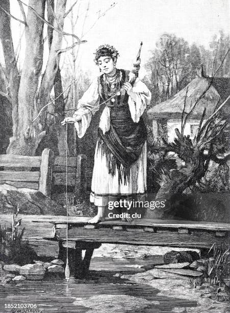 ilustrações de stock, clip art, desenhos animados e ícones de young woman from serbia standing on a jetty - 1891