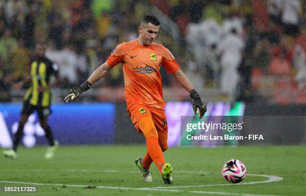 Goalkeeper Marcelo Grohe of Al Ittihad kicks the ball during the FIFA Club World Cup match between Al Ittihad FC and Auckland City FC at King...