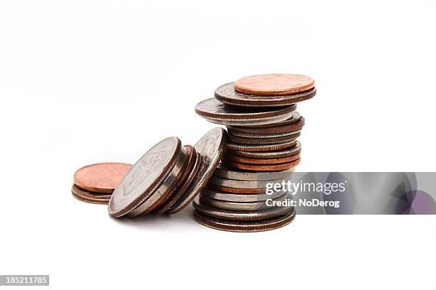 stack of various coins closeup - twenty five cent coin stock pictures, royalty-free photos & images