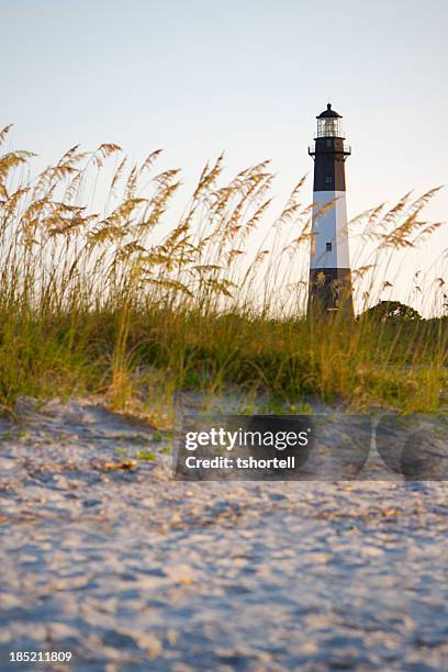 a lighthouse on the beach with sand and grass - tybee island bildbanksfoton och bilder