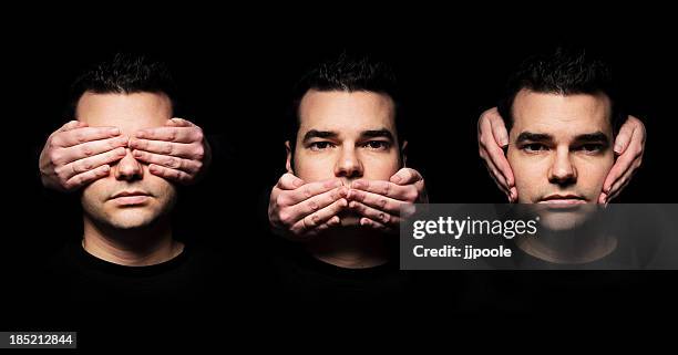 see, speak, hear no evil - 3 wise monkeys stock pictures, royalty-free photos & images