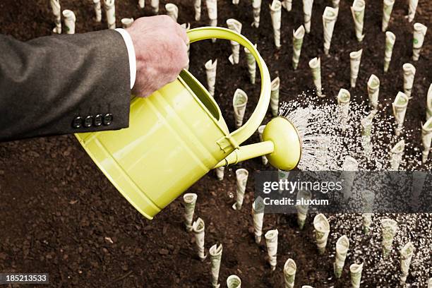 man watering rows of money expressing growth - watering can stock pictures, royalty-free photos & images