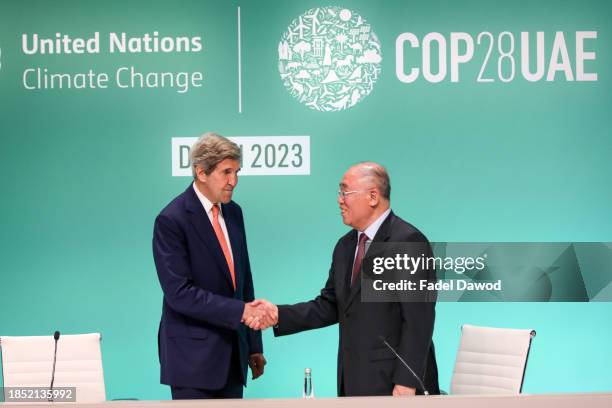 John Kerry, U.S. Special Presidential Envoy for Climate, and his Chinese counterpart Xie Zhenhua give a joint news conference on day thirteen of the...