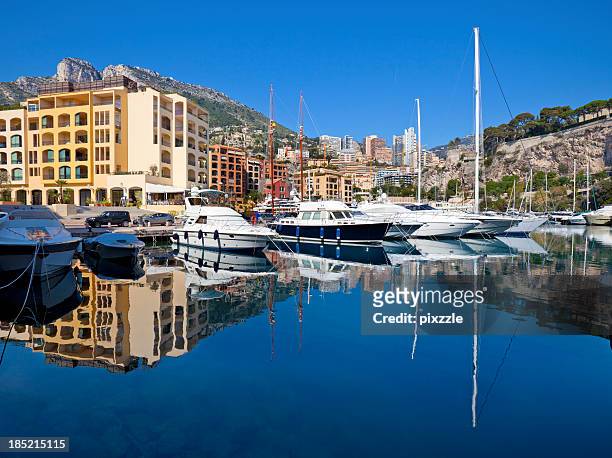 monaco residential yacht marina reflection - monaco port stock pictures, royalty-free photos & images