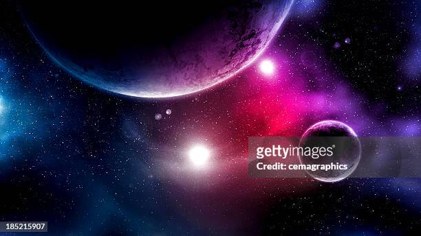 big planets and shining stars galaxy in space - flying saucer stock pictures, royalty-free photos & images