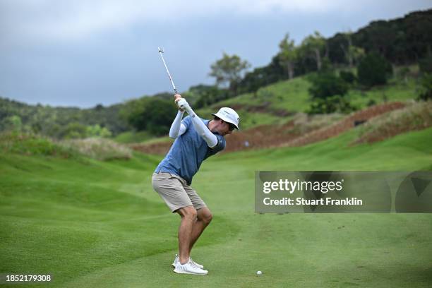 Dyland Frittelli of South Africa plays a shot during the pro - am prior to the start of the AfrAsia Bank Mauritius Open at Heritage La Réserve GC on...