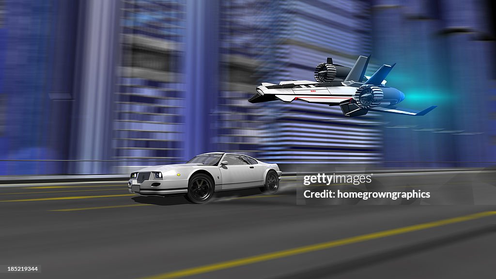 Car and spaceship racing scene