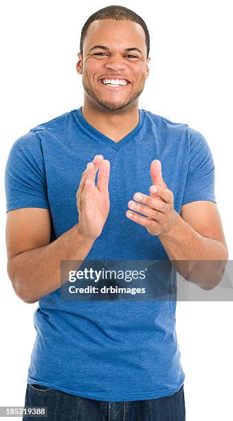 happy young man clapping - clapping hands on white stock pictures, royalty-free photos & images