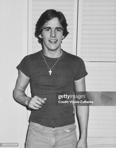American actor Matt Dillon, wearing a dark cap-sleeved t-shirt with a crucifix pendant hanging from a necklace, United States, circa 1982.