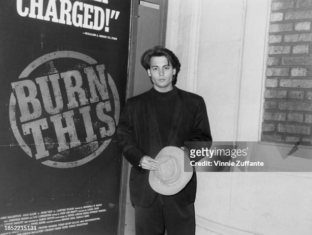 American actor Johnny Depp attends a stage production of 'Julius Caesar' at The Public Theater in Lower Manhattan, New York City, New York, 1988.
