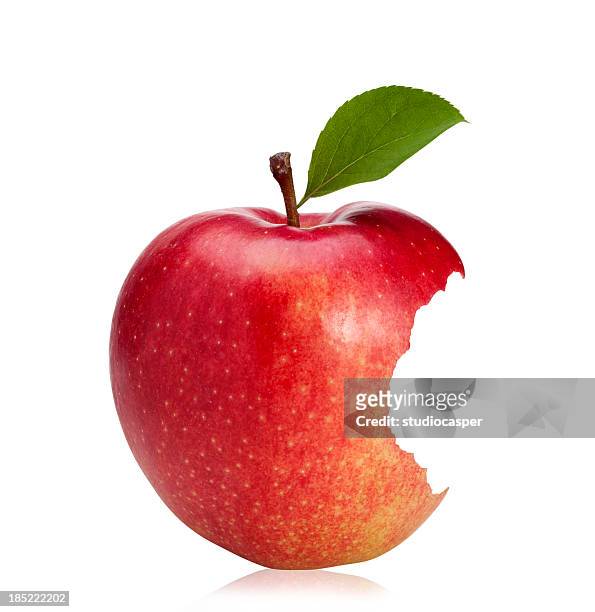 bitten red apple (with clipping path) - apple bite out stock pictures, royalty-free photos & images