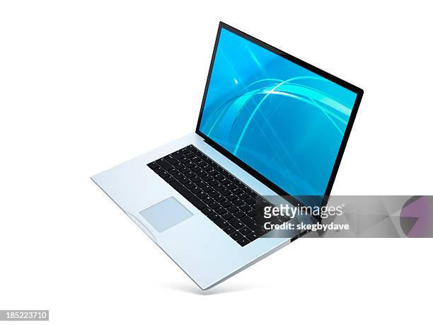 portátil flotante abierta en ángulo - laptop fotografías e imágenes de stock