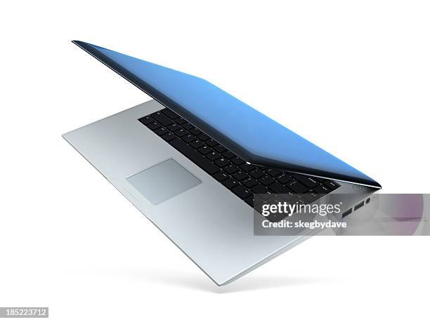 computador portátil flutuante angulado semi-aberto - gravidade zero imagens e fotografias de stock