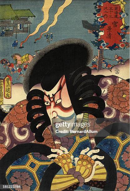 illustrazioni stock, clip art, cartoni animati e icone di tendenza di stampa giapponese tradizionale toyokuni woodblock di attore - headdress