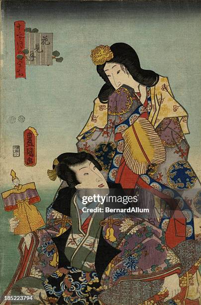 stockillustraties, clipart, cartoons en iconen met traditional toyokuni japanese woodblock print of geisha's - oost aziatische cultuur