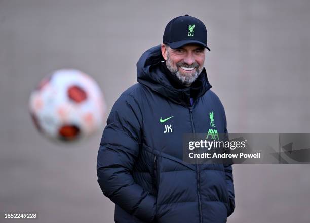 Jurgen Klopp manager of Liverpool during a training session at Axa Training Centre on December 13, 2023 in Liverpool, England.