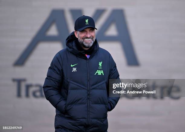 Jurgen Klopp manager of Liverpool during a training session at Axa Training Centre on December 13, 2023 in Liverpool, England.