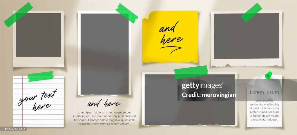 Photos frames and note book pages layout on the wall template with overlay shadow