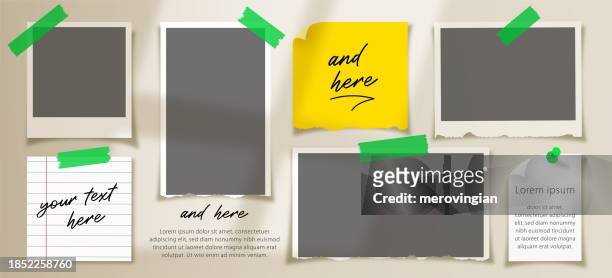 photos frames and note book pages layout on the wall template with overlay shadow - sticky tape stock illustrations