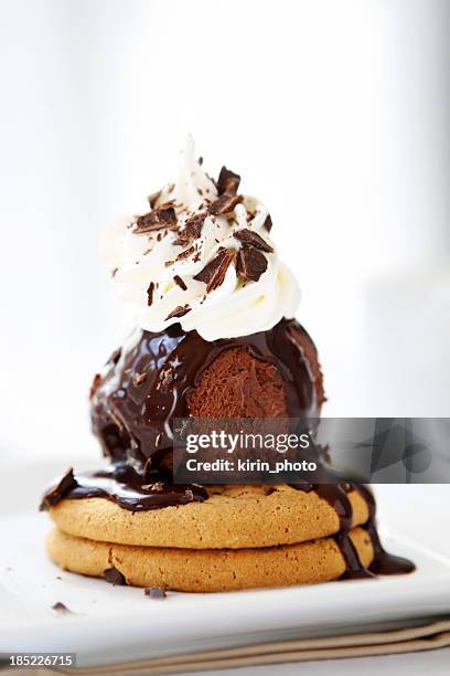 dessert - ice cream and cookies - fudge sauce stock pictures, royalty-free photos & images