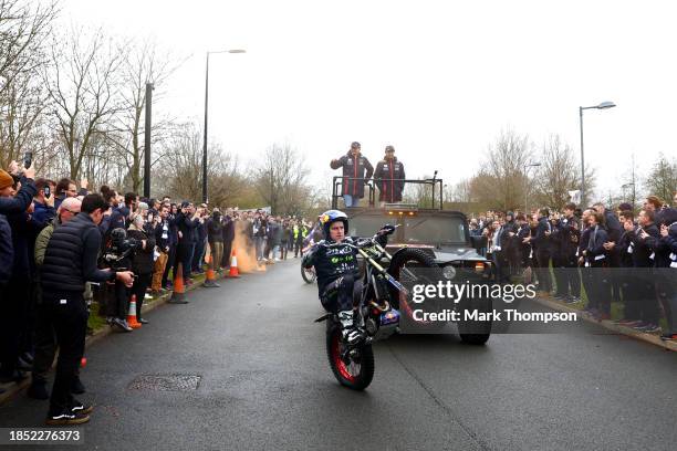 General view as staff welcome Max Verstappen of the Netherlands and Oracle Red Bull Racing and Sergio Perez of Mexico and Oracle Red Bull Racing as...