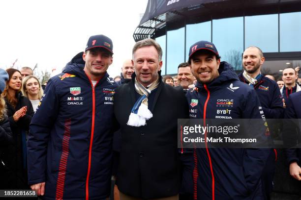 Max Verstappen of the Netherlands and Oracle Red Bull Racing, Christian Horner, Team Principal of Oracle Red Bull Racing and Sergio Perez of Mexico...