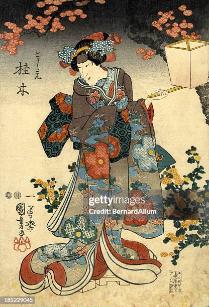stockillustraties, clipart, cartoons en iconen met traditional japanese woodblock female with lattern - kimono