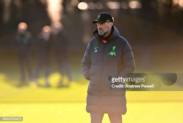 Jurgen Klopp manager of Liverpool during a training session at Axa Training Centre on December 13, 2023 in Liverpool, England.
