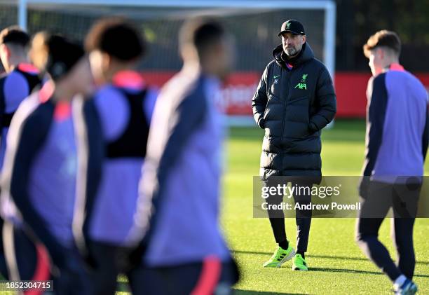 Jurgen Klopp manager of Liverpool during a training session at Axa Training Centre on December 13, 2023 in Liverpool, England.