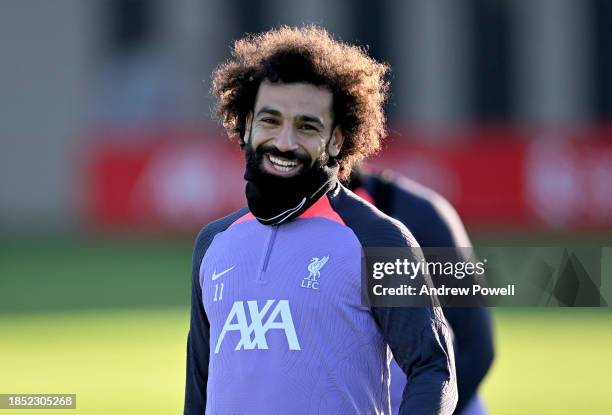 Mohamed Salah of Liverpool during a training session at Axa Training Centre on December 13, 2023 in Liverpool, England.