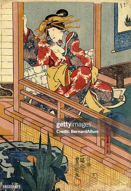 traditionelle japanische woodblock weibliche am fenster - japanischer abstammung stock-grafiken, -clipart, -cartoons und -symbole