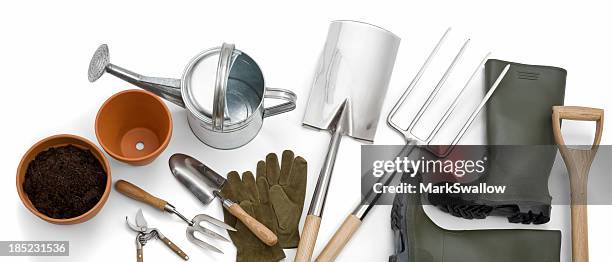 gardening equipment - gardening equipment white background stock pictures, royalty-free photos & images