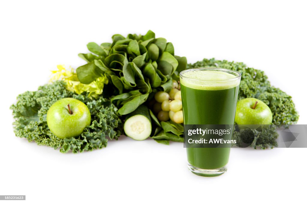 Fresh greens and fruits used to make a smoothie
