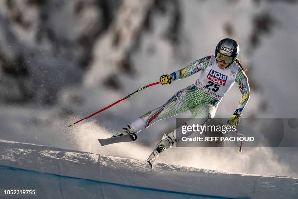 Andorra's Cande Moreno competes during the Women's Downhill race at the FIS Alpine Skiing World Cup event in Val-d'Isere, in the French Alps, on...