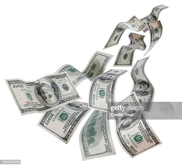 falling dollars $100 bills - raining money stockfoto's en -beelden