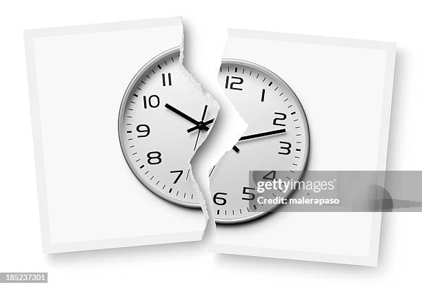 break time. torn photograph of a clock. - clock shatter stock pictures, royalty-free photos & images